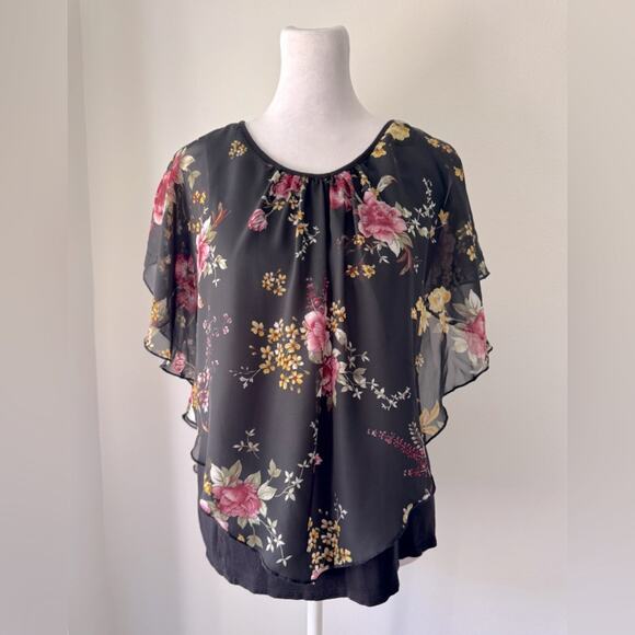 Naïf Black Floral Print Sheer Overlay Blouse w/ Built-In Tank Top - Picture 1 of 6
